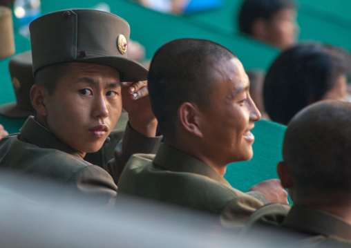 North Korean soldiers watching the Arirang mass games in may day stadium, Pyongan Province, Pyongyang, North Korea