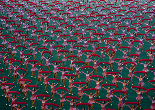 North Korean gymnasts performing during Arirang mass games in may day stadium, Pyongan Province, Pyongyang, North Korea