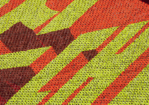 Korean letters made by children pixels holding up colored boards during Arirang mass games in may day stadium, Pyongan Province, Pyongyang, North Korea