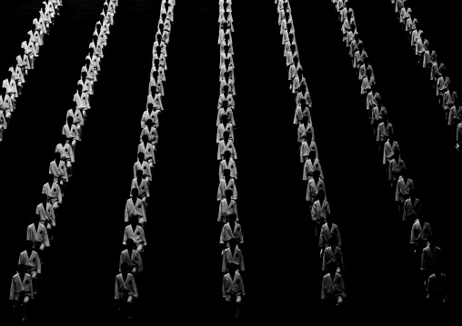 North Korean taekwando men during the Arirang mass games in may day stadium, Pyongan Province, Pyongyang, North Korea