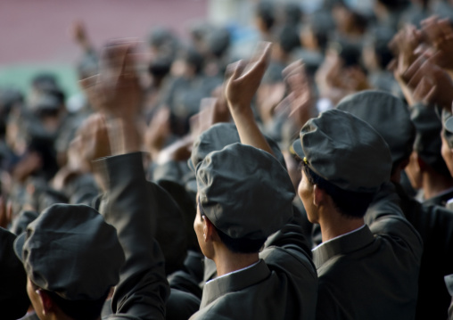 North Korean soldiers watching the Arirang mass games in may day stadium, Pyongan Province, Pyongyang, North Korea