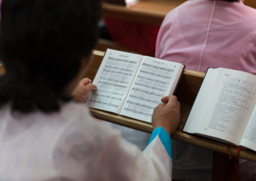 North Korean worshiper reading the bible during a sunday mass in protestant Bongsu church, Pyongan Province, Pyongyang, North Korea