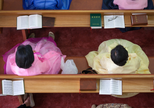 North Korean worshiper reading the bible during a sunday mass in protestant Bongsu church, Pyongan Province, Pyongyang, North Korea