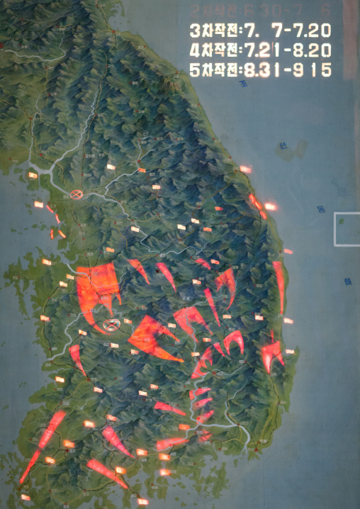 Map of the battles of the Korean war in the victorious fatherland liberation war museum, Pyongan Province, Pyongyang, North Korea