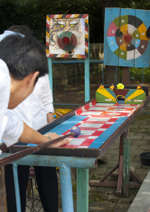 North Korean man playing with a local billard at Taesongsan funfair, Pyongan Province, Pyongyang, North Korea