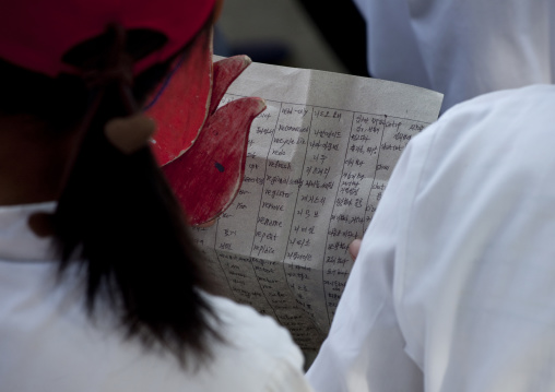 North Korean girl reading an english lesson book, Pyongan Province, Pyongyang, North Korea
