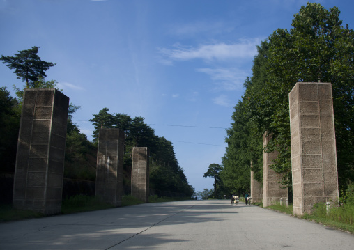 North Korean anti tank invasion concrete blocks on the roadside on the Demilitarized Zone, Kangwon-do, Kumgang, North Korea