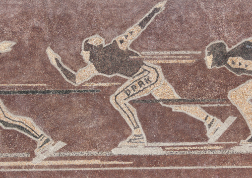 Mosaic fresco with a North Korean ice skater, Ryanggang Province, Samjiyon, North Korea
