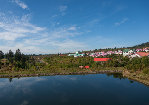 Village in front of a lake, Ryanggang Province, Samjiyon, North Korea
