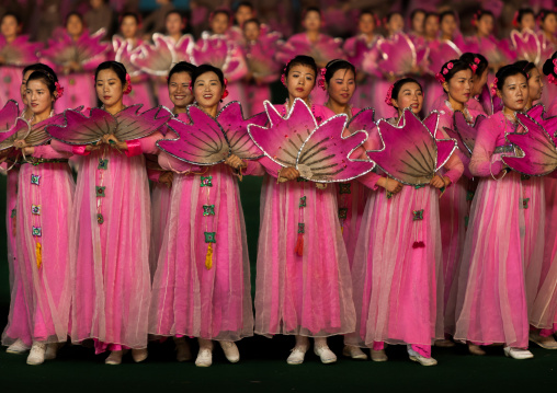 North Korean women dancing in choson-ot during the Arirang mass games in may day stadium, Pyongan Province, Pyongyang, North Korea