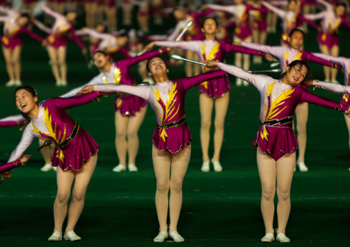North Korean gymnasts performing during the Arirang mass games in may day stadium, Pyongan Province, Pyongyang, North Korea