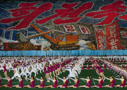 Panoramic view of the Arirang mass games with North Korean performers in may day stadium, Pyongan Province, Pyongyang, North Korea