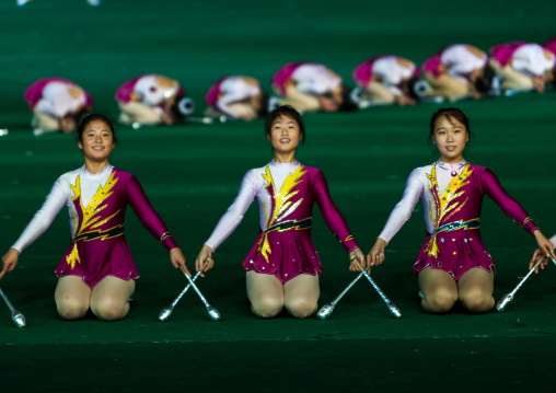 North Korean gymnasts performing during the Arirang mass games in may day stadium, Pyongan Province, Pyongyang, North Korea