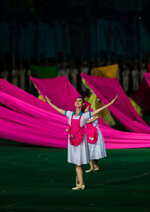 North Korean dancers during the Arirang games in may day stadium, Pyongan Province, Pyongyang, North Korea