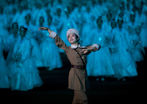 North Korean woman dressed as soldier during the Arirang mass games at may day stadium, Pyongan Province, Pyongyang, North Korea