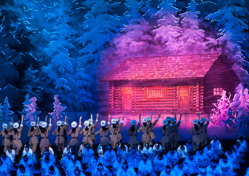 North Korean dancers performing in front of Kim Jong il native house during Arirang mass games in may day stadium, Pyongan Province, Pyongyang, North Korea