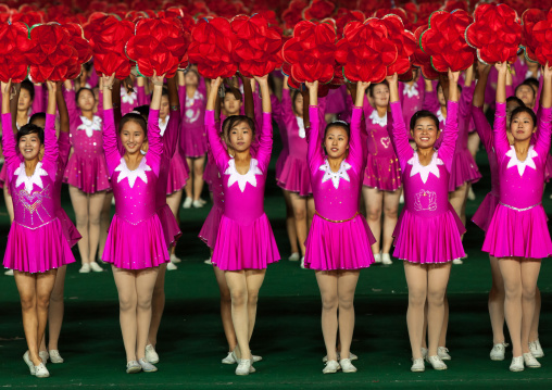 North Korean gymnasts performing during the Arirang mass games in may day stadium, Pyongan Province, Pyongyang, North Korea