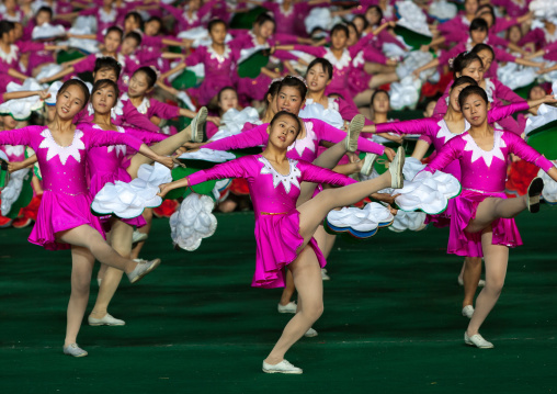 North Korean gymnasts performing during the Arirang mass games in may day stadium, Pyongan Province, Pyongyang, North Korea