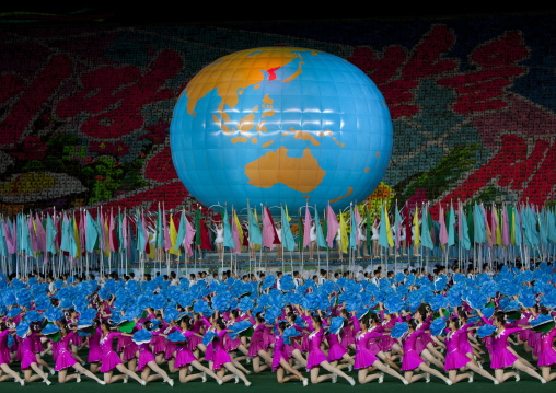 North Korean gymnasts in front of a world globe during the Arirang mass games in may day stadium, Pyongan Province, Pyongyang, North Korea