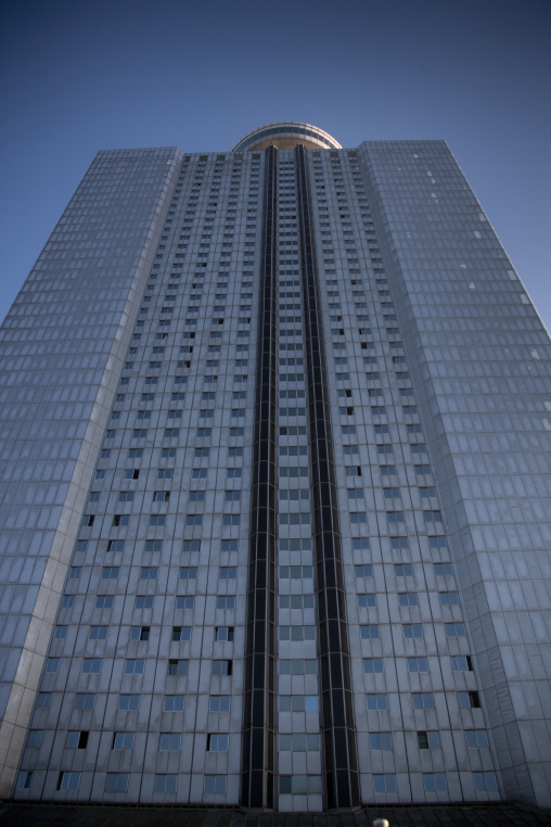 Low angle view of Yanggakdo hotel, Pyongan Province, Pyongyang, North Korea