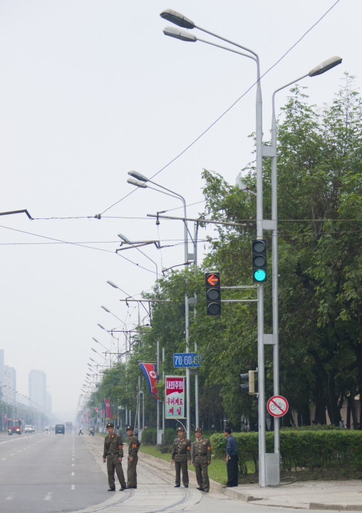 North Korean soldiers waiting the red light to cross the street, Pyongan Province, Pyongyang, North Korea