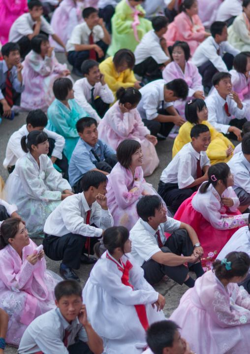 North Korean students before a mass dance performance on september 9 day of the foundation of the republic, Pyongan Province, Pyongyang, North Korea