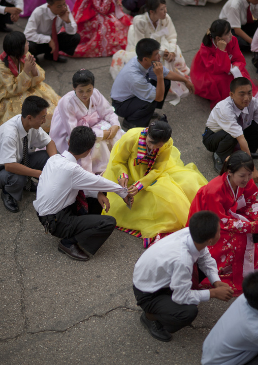 North Korean students before a mass dance performance on september 9 day of the foundation of the republic, Pyongan Province, Pyongyang, North Korea