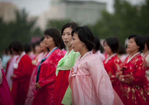 North Korean students during a mass dance performance on september 9 day of the foundation of the republic, Pyongan Province, Pyongyang, North Korea