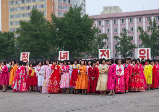 North Korean students during a mass dance performance on september 9 day of the foundation of the republic, Pyongan Province, Pyongyang, North Korea