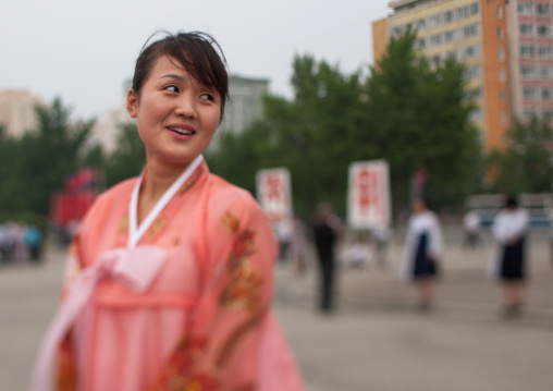 North Korean students during a mass dance performance on september 9 day of the foundation of the republic, Pyongan Province, Pyongyang, North Korea