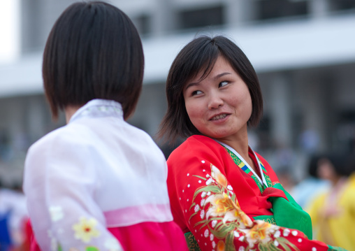 North Korean students during a mass dance performance on september 9 day of the foundation of the republic, Pyongan Province, Pyongyang, North Korea