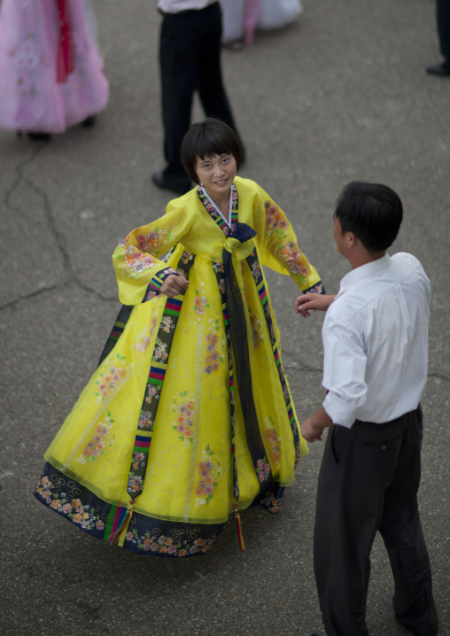 North Korean students during a mass dance performance on september 9 day of the foundation of the republic, Pyongan Province, Pyongyang, North Korea