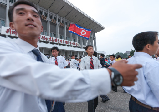 North Korean students during a mass dance performance on september 9 day of the foundation of the republic, Pyongan Province, Pyongyang, North Korea