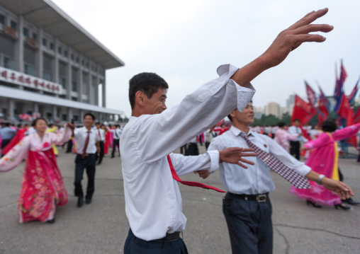 North Korean students during a mass dance performance on september 9 day of the foundation of the republic, Pyongan Province, Pyongyang, North Korea