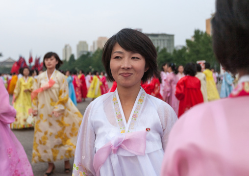 North Korean students during a mass dance performance on september 9 day of the foundation of the republic, Pyongan Province, Pyongyang, North Korea
