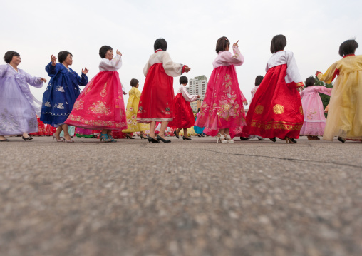 North Korean students during a mass dance performance on september 9 day of the foundation of the republic, Pyongan Province, Pyongyang, North Korea