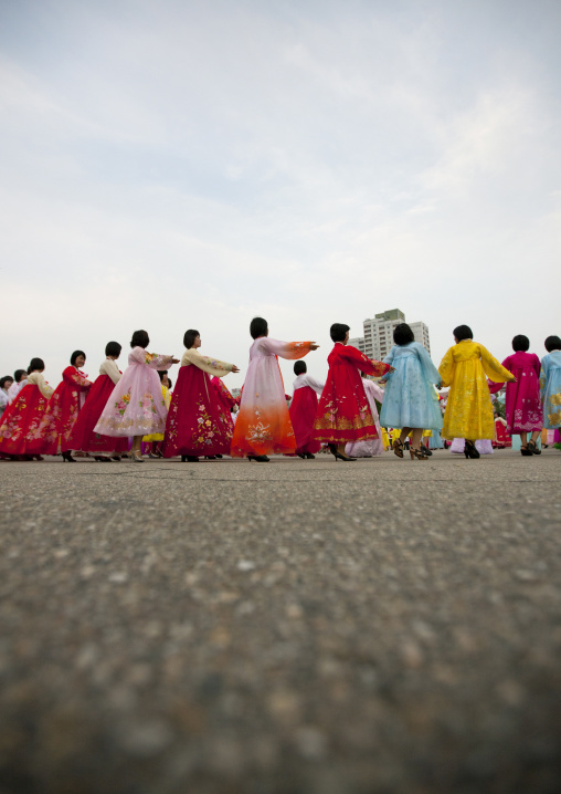 North Korean students during a mass dance performance on september 9 day of the foundation of the republic, Pyongan Province, Pyongyang, North Korea