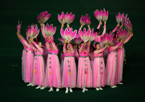 North Korean women dancing in choson-ot during the Arirang mass games in may day stadium, Pyongan Province, Pyongyang, North Korea