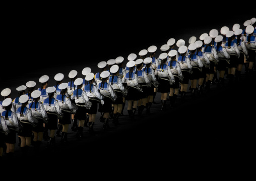 Sexy North Korean women dressed as sailors during the Arirang mass games in may day stadium, Pyongan Province, Pyongyang, North Korea