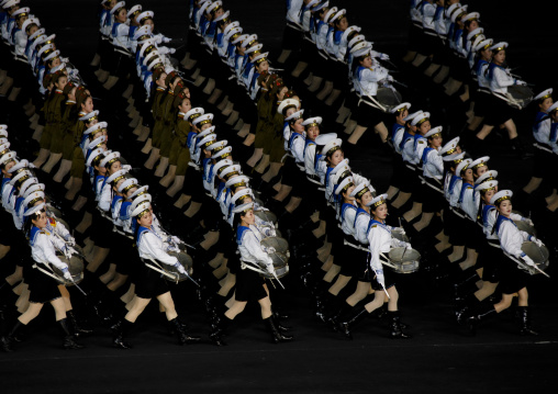 Sexy North Korean women dressed as sailors during the Arirang mass games in may day stadium, Pyongan Province, Pyongyang, North Korea