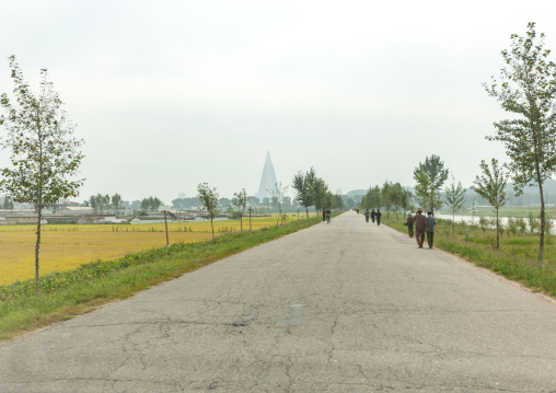 North Korean people along a rural road in the countryside, Pyongan Province, Pyongyang, North Korea