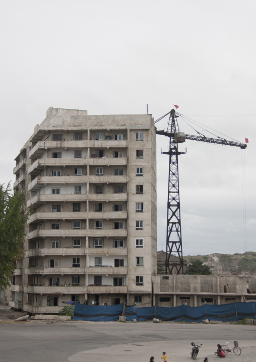 Crane on a building site construction, North Hwanghae Province, Kaesong, North Korea