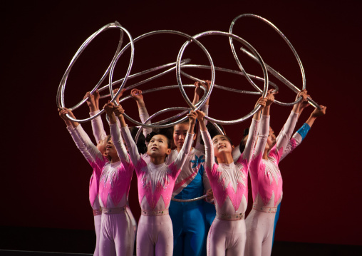 Young North Korean gymnasts during a show in Mangyongdae children's palace, Pyongan Province, Pyongyang, North Korea