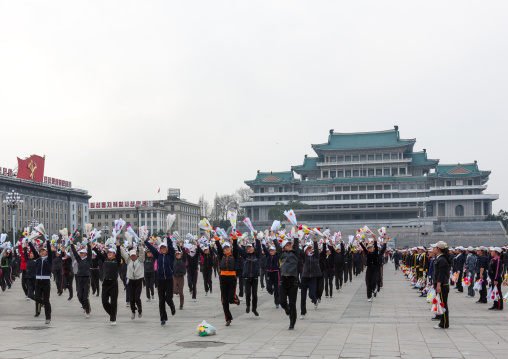 Young North Korean women during a mass games rehearsal in Kim il Sung square, Pyongan Province, Pyongyang, North Korea