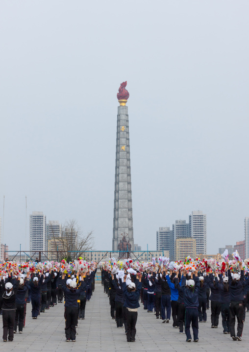 Young North Korean women during a mass games rehearsal in Kim il Sung square, Pyongan Province, Pyongyang, North Korea