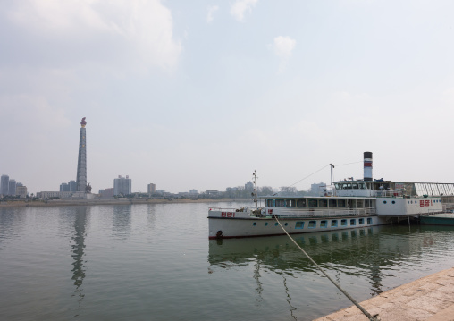 Ship restaurant on Taedong river in front of the Juche tower, Pyongan Province, Pyongyang, North Korea