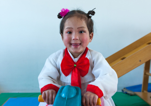 North Korean girl dressed in choson-ot in an orphanage, South Pyongan Province, Nampo, North Korea