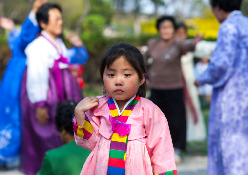 Portrait of young North Korean girl in traditional choson-ot, Pyongan Province, Pyongyang, North Korea