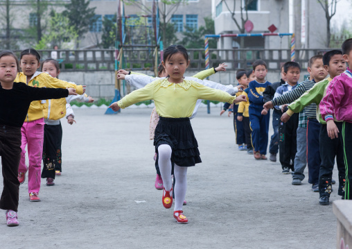 North Korean children making morning gymnastics at school, North Hwanghae Province, Kaesong, North Korea
