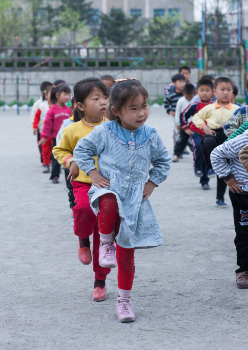 North Korean children making morning gymnastics at school, North Hwanghae Province, Kaesong, North Korea